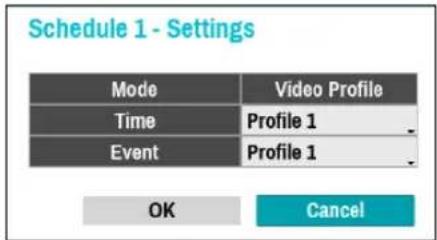 Schedule 1 - Settings Mode Video Profile Time Profile 1 Event Profile 1 OK Cancel