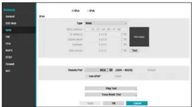Networks General DNS Web WAN VM FEN NATFS RTSP Firewall NAT IPv4 IPv6 IPv4 Type None IPG Address AC CC DA DP VT RD IP Address 0.0.0 0 0 0 0 0 0 0 0 0 0 0 0 0 Subnet mask 3.0.0 0 0 0 0 0 0 0 0 0 0 Cyberry 9.0.0 0 0 0 0 0 0 0 0 DNS Server 9.0.0 0 0 0 0 0 0 0 Net ready Test Remote Port: B018 (X204 - B5535) Default Use UPnP Status Pag Test Trans Roals Test Apply OK Cancel