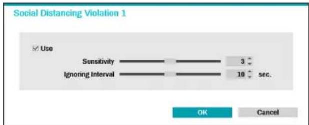 Social Distancing Violation 1 Use Sensitivity 3 sec. Ignoring Interval 10 sec. OK Cancel