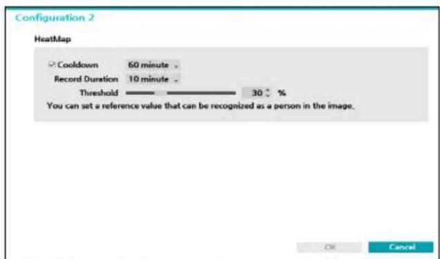 Configuration 2 HeatMap ✓ Cookdown 60 minute Record Duration 10 minute Threshold 30 % You can set a reference value that can be recognized as a person in the image. OK Cancel