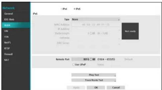 Network General EDS Web VLAN VPN FEN NetFS RISP Firewall NA1 IPv6 + IPv4 + IPv6 Type None MAC Address 00:00 / 02:49 - 51 : 53 IP Address The Bar Length 0 : 00 : 01 : 128 Gateway DNS Server Not ready Remote Port B01G - 888 (1024 - 65515) Default Use UPnP Status Plug Test Trace Route Test Apply OK Cancel