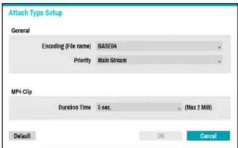 Attach Type Setup General Encoding (File name) BASE64 Priority Main Stream MP4 Clip Duration Time 5 sec. (Max 2 MiB) Default OK Cancel