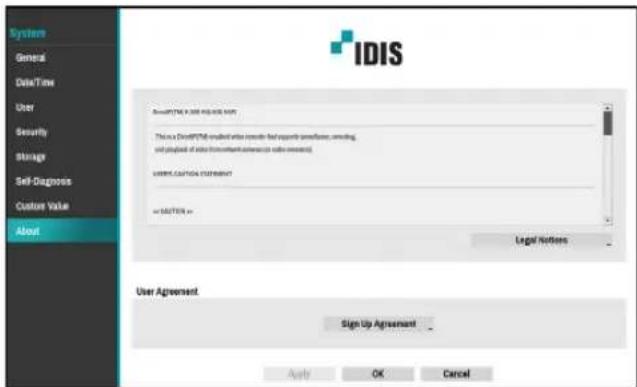 System General Data/Time User Security Storage Self-Diagnosis Custom Value About IDIS Result:IDIS & 2000 INFO.INSU This is a DistrPDM-substituted video recombinant software, creating, and playing of audio (from content/conferences) video recombinant. UserIDIS.COM/IN or IDIS/IN Legal Notices User Agreement Sign Up Agreement Apply OK Cancel