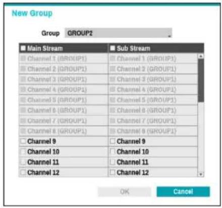 New Group Group GROUP2 ■ Main Stream ■ Sub Stream Channel 1 (GROUP1) Channel 1 (GROUP1) Channel 2 (GROUP1) Channel 2 (GROUP1) Channel 3 (GROUP1) Channel 3 (GROUP1) Channel 4 (GROUP1) Channel 4 (GROUP1) Channel 5 (GROUP1) Channel 5 (GROUP1) Channel 6 (GROUP1) Channel 6 (GROUP1) Channel 7 (GROUP1) Channel 7 (GROUP1) Channel 8 (GROUP1) Channel 8 (GROUP1) Channel 9 Channel 9 Channel 10 Channel 10 Channel 11 Channel 11 Channel 12 Channel 12 OK Cancel