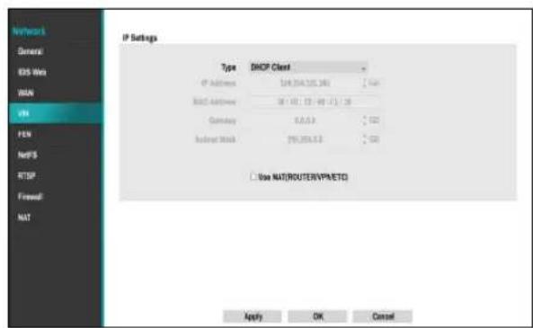 IP Settings Type DHCP Client IP Address 548,204,105,186 BCC Address 36 - 40, 52 - 60, 73, 78 Gateway 9,0,5,9 Subnet mask 795,204,5,9 Use NAT/ROUTER/VPN/NETD Apply OK Cancel