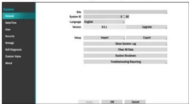 System General Data/Time User Security Storage Self-Diagnostics Custom Value About Site System ID 0 °C Language English Version 85.1 Upgrade Setup Import Export Show System Log Clear All Data System Shutdowns Troubleshooting Reporting Apply OK Cancel