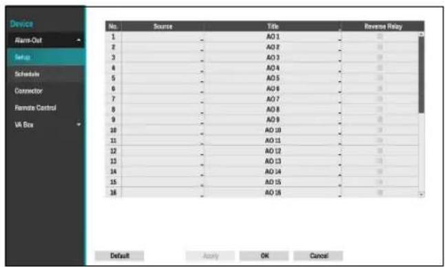 Device Alarm-Out Setup Schedule Connector Remote Control VR Box No. Source Title Reverse Relay 1 AO 1 2 AO 2 3 AO 3 4 AO 4 5 AO 5 6 AO 6 7 AO 7 8 AO 8 9 AO 9 10 AO 10 11 AO 11 12 AO 12 13 AO 13 14 AO 14 15 AO 15 16 AO 16 Default Acuity OK Cancel