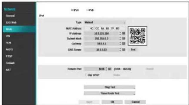 Network General DNS Web HAN VM FEN RHTS RTSP Forward NAT IPv4 IPv6 Type Manual MAC Address 4C: CC: 6A: 80: 7F: 8D IP Address 10.0.125.388 Submit Mock 255.255.0.0 Gateway 10.0.0.1 DNS Server 33.0.0.23 Test Remote Port 8016 90 (100% - 6633) Use UPet Status Plug Text Trace Route Text Apply OK Cancel