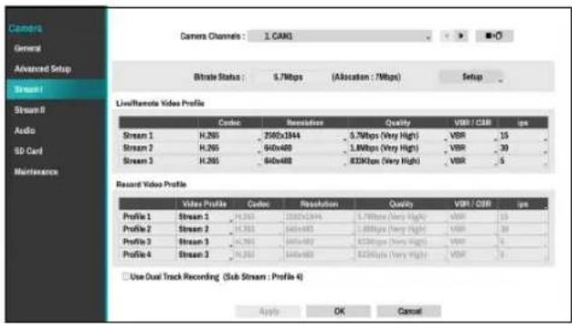 Camera Channels : 1.CAM General Advanced Setup Stream1 Stream II Audio SD Card Maintenance Bitrate Status : 6.7Mbps (Allocation : 7Mbps) Setup LiveRemote Video Profile Stream 1 Stream 2 Stream 3 Stream 4 Cyclic Resolution Quality VBR / CSR ips H:265 250x3844 5.7Mbps (Very High) VBR 15 H:265 640x480 1.8Mbps (Very High) VBR 30 H:265 640x480 833Kbps (Very High) VBR 5 Record Video Profile Video Profile Cyclic Resolution Quality VBR / CSR ips Profile 1 Stream 2 H:265 250x3844 L:7Mbps (Very High) VBR 15 Profile 2 Stream 2 H:265 640x483 L:8Mbps (Very High) VBR 30 Profile 3 Stream 3 H:265 640x482 E:33Kbps (Very High) VBR 5 Profile 4 Stream 3 H:265 640x483 E:33Kbps (Very High) VBR 5 Use Dual Track Recording (Sub Stream : Profile 4) Apply OK Cancel