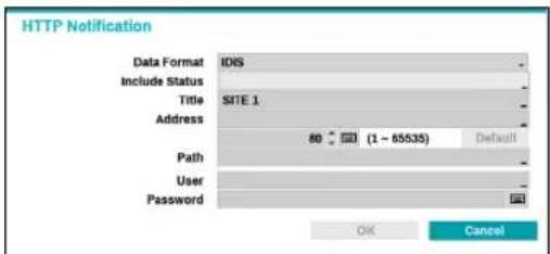 HTTP Notification Data Format IDS Include Status Title SITE 1 Address 80 (1 - 65535) Default Path User Password OK Cancel