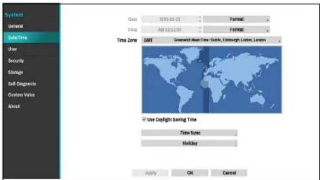 Systems General Date/Time User Security Storage Self-Diagnos Custom Value About Data 2015-03-13 Format Time AM 13:15:49 Format Time Zone GMT Greenland Mean Time Double, Edinburgh, London, London Use Daylight Saving Time Time Sync Holiday Apply OK Cancel