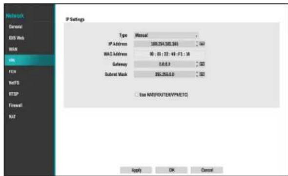 Network General GIS Web MSN OS FEN NetFS RTSEP Firewall NAT IP Settings Type Manual IP Address 188.254.380.169 167 MAC Address 98 : (8) : (2) : 49 : F1 : 36 Gateway 0.0.0.9 100 Subnet Mask 265.256.0.0 100 Use NAT/ROUTER/VPN/ETC Apply OK Cancel