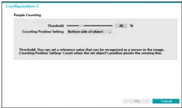 Configuration 1 People Counting Threshold 30 % Counting Position Setting Bottom side of object Threshold: You can set a reference value that can be recognized as a person in the image. Counting Position Setting: Count when the set object's position passes the crossing line.