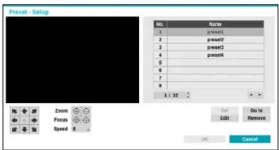 Preset - Setup No. Name 1 present1 2 present2 3 present3 4 present4 5 6 7 8 1 / 32 Zoom Focus Speed 8 Set Edit Go to Remove OK Cancel