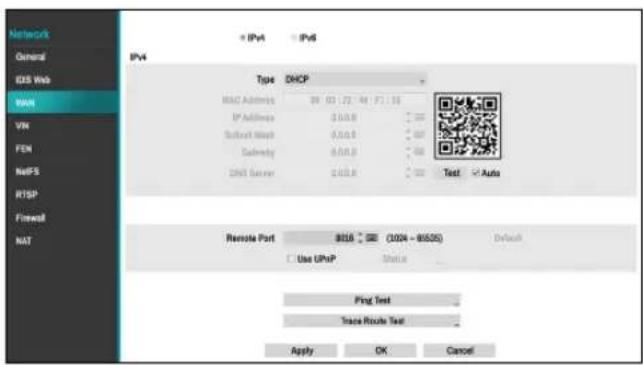 Network General DNS Web WAN VPN FEN NetFS R1SP Firewall NAT IPv4 IPv6 Type DHCP MAC Address 04 03 02 01 01 05 IP Address 0.0.0 0 00 Subcraft Mesh 0.0.0 0 00 Gateway 0.0.0 0 00 DNS Server 0.0.0 0 00 Test: Auto Remote Port 8016 (100% - 8650%) Default Use UPhP Status Ping Test Trace Route Test Apply OK Cancel