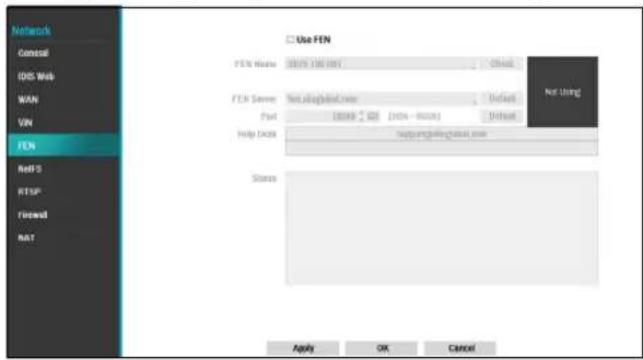 Network Comcast DNS Web WAN VSN FEN ReEFS RTSP Firewall NAT Use FEN FEN Home: 0075.186.NET FEN Server: Net-auglobal.com Past: (000) - 001 (000 - 002) Help ODS: http://auglobal.com Status: Apply OK Cancel Not Using