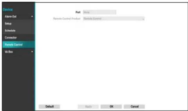 Device Alarm-Out Setup Schedule Connector Remote Control Vik Box Port None Remote Control Product Remote Control Default Apply OK Cancel