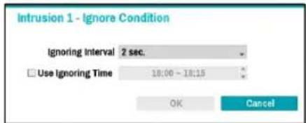 Intrusion 1 - Ignore Condition Ignoring Interval 2 sec. Use Ignoring Time 18:00 ~ 18:15 OK Cancel