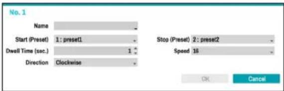 No. 1 Name Start (Preset) 1: preset1 Dwell Time (sec.) 1 Direction Clockwise Stop (Preset) 2: preset2 Speed 15 OK Cancel