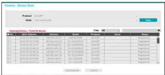 Camera - Device Scan Protocol: Mode: Auto Insents/AMD Stop Scanning Devices... Found 16 Devices Filter All No. M&G Address Address Model Protocol Name Status 01 01/02/20 04:58 184.254.719.37 DM-0123998 DR-00P Registered 02 04/02/20 03:50 184.254.243.211 DC-0123997 DR-00P Registered 03 05/02/20 04:57 184.254.62.66 DC-0123996 DR-00P Registered 04 05/02/20 05:51 184.254.125.213 DC-0123995 DR-00P Registered 05 05/02/20 06:58 184.254.147.79 DC-0123994 DR-00P Registered 06 05/02/20 07:54 184.254.184.138 DC-0123993 DR-00P Registered 07 05/02/20 08:57 184.254.36.66 DC-0123992 DR-00P Registered 08 05/02/20 09:58 184.254.246.22 DC-0123991 DR-00P Registered ADD Chemistry Cancel