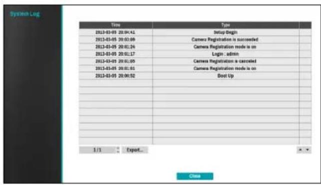 System Log Type 2013-03-05 20:04:41 2013-03-05 20:02:69 2013-03-05 20:01:24 2013-03-05 20:01:17 2013-03-05 20:01:05 2013-03-05 20:01:01 2013-03-05 20:00:52 Setup Begin Camera Registration is succeeded Camera Registration mode is on Login : admin Camera Registration is canceled Camera Registration mode is on Boot Up 1/1 Export... Close