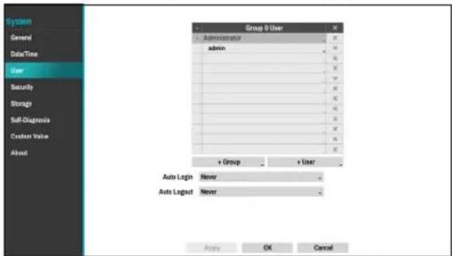 System General Data/Time User Security Storage Self-Diagnosis Custom Value About Group B User Administration admin + Group + Auto Login Never Auto Layout Never Apply OK Cancel