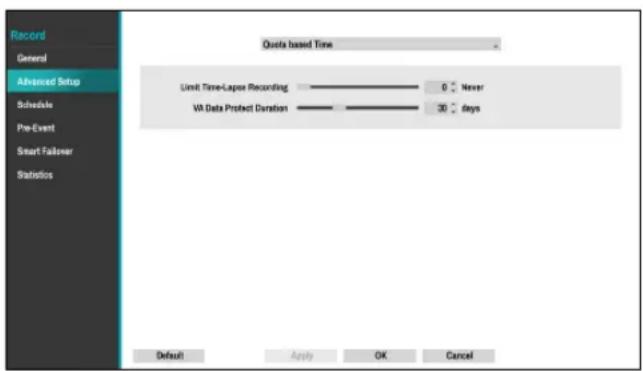 Record General Advanced Setup Schedule Pre-Event Smart Follower Statistics Quota based Time Limit Time-Lapse Recording 0 Never VA Data Protect Duration 30 days Default Apply OK Cancel