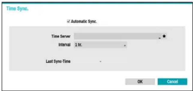 Time Sync. ✓ Automatic Sync. Time Server Interval 1 hr. Last Sync-Time OK Cancel