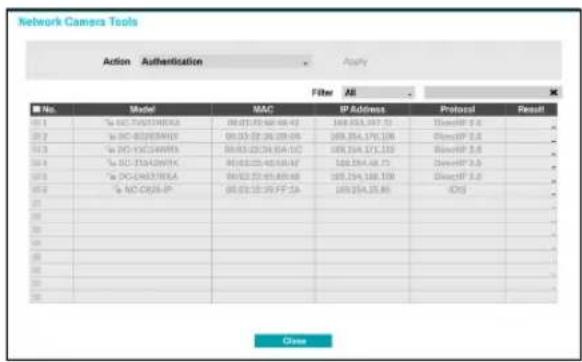 Network Camera Tools Action Authentication Apply Filter All No. Model MAC IP Address Protocol Result 1 1% DC-7501986A 00:01:22:48:48:43 168.353.347.75 DirectIP 2.0 2 2% DC-80209WY 00:03:22:36:28:06 168.354.176.106 DirectIP 2.0 3 3% DC-7501986A 00:03:22:34:64:15C 168.354.171.110 DirectIP 2.0 4 4% DC-75019WYK 00:03:22:40:58:47 168.354.48.73 DirectIP 2.0 5 5% DC-7501986A 00:03:22:45:88:48 168.354.188.109 DirectIP 2.0 6 6% DC-80209WY 00:03:22:39:FF:2A 168.354.35.85 IOIS 7 8 9 10 11 12 13 14 15 16 17 18 19 20 21 22 23 24 25 26 27 28 29 30 31 32 33 34 35 36 37 Close