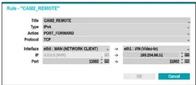 Rule - "CAM2_REMOTE" Title CAM2_REMOTE Type IPv4 Action PORT_FORWARD Protocol TCP Interface eth0 : WAN (NETWORK CLIENT) -> eth1 : VIN (Video-In) IP 0.0.0 (NVR) -> 169.254.66.51 Port 11002 -> 11002 OK Cancel