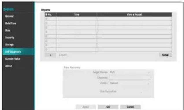 System General Date/Time User Security Storage Self-Diagnostics Custom Value About Reports No. Time View a Report Export Setup Error Repository Sugar Devices MRT Chemistry Action Release Stop Help/About Apply OK Cancel