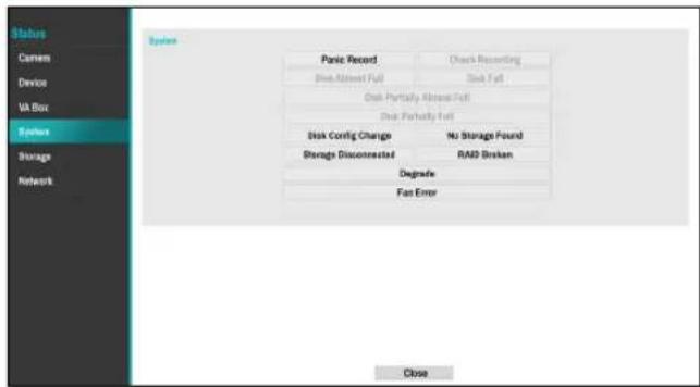 Status Camera Device VA Box System Storage Network System Panic Record Check Recording One Altward Full Disk Full Disk Partially Altward Full Disk Partially Full Disk Config Change Nu Storage Found Storage Disconnected RAB Broken Upgrade Fan Error Close