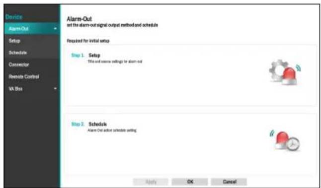 Device Alarm-Out Setup Schedule Connector Remote Control VA Box Alarm-Out set the alarm-out signal output method and schedule Required for Initial setup Step 1. Setup This and some settings for alarm out Step 2. Schedule Alarm-Out adjust schedule setting Apply OK Cancel