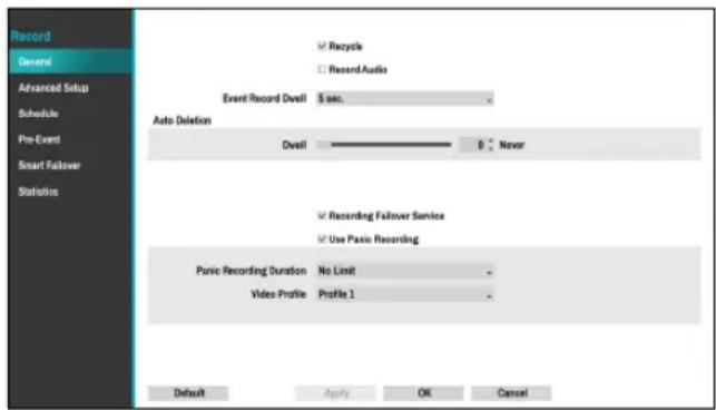 Record General Advanced Setup Schedule Pre-Event Smart Failover Statistics ✓ Recycle ✓ RecordAudio Event Record Dwell 5 sec. Auto Deletion Dwell 0 Never ✓ Recording Failover Service ✓ Use Pascio Recording Panic Recording Duration No Limit - Video Profile Profile 1 - Default Apply OK Cancel