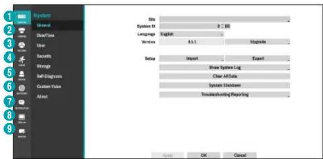System General Date/Time User Security Storage Self-Diagnosis Custom Value About Site System ID 0 KB Language English Venous 8.1.1 Upgrade Setup Import Export Show System Log Clear All Data System Shutdown Troubleshooting Reporting Apply OK Cancel