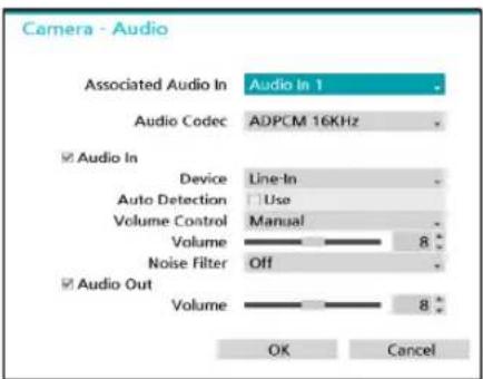 Camera - Audio Associated Audio In Audio In 1 Audio Codec ADPCM 16KHz ✓ Audio In Device Line-In Auto Detection Use Volume Control Manual Volume 8* Noise Filter Off ✓ Audio Out Volume 8* OK Cancel