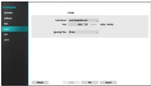 Notification Schedule Callback Mail Push FTP HTTP Push Push Server pushidiglobal.com Port KBES Default (3624 - 85435) Ignoring Time 30 sec. Default Apply OK Cancel