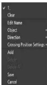 1. Clear Edit Name Object Direction Crossing Position Settings Add Delete Delete All Save Cancel