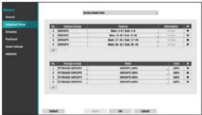 Record General Advanced Setup Schedule Pre-Event Smart Follower statistics Quota based Size No. Camera Group Camera Information 1 GROUP1 Main: 3-8 / Sub: 3-8 In Use ■ 2 GROUP2 Main: 9-38 / Sub: 9-38 In Use ■ 3 GROUP3 Main: 17-54 / Sub: 17-54 In Use ■ 4 GROUP4 Main: 25-32 / Sub: 25-32 In Use ■ * No. Storage Group Ratio Total 1 STORAGE GROUP1 GROUP1:100% 100% ■ 2 STORAGE GROUP2 GROUP2:100% 100% ■ 3 STORAGE GROUP3 GROUP3:100% 100% ■ 4 STORAGE GROUP4 GROUP4:100% 100% ■ * Default Apply OK Cancel