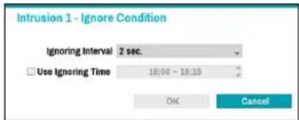 Intrusion 1 - Ignore Condition Ignoring Interval 2 sec. Use Ignoring Time 18:00 ~ 18:15 OK Cancel