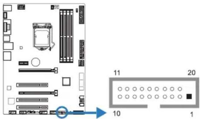 Diagram of a computer motherboard with labeled slots and an exploded view showing pin layout for slots 10 and 20.