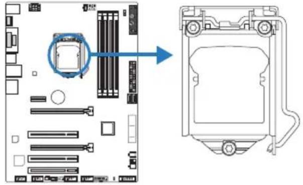 Diagram showing computer motherboard layout and rear panel view with a magnified inset highlighting a component detail.