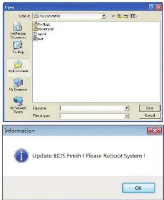Open Look in: My Documents My Music My Pictures report boot My Documents My Computer My Network Flowers File name: Files of types: Does Cancel Information Update BIOS Finish ! Please Reboot System ! OK