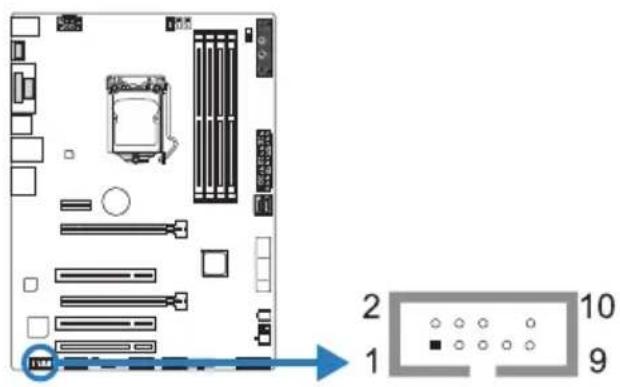 Diagram of a computer motherboard with labeled slots and a connector pin layout showing slots 1, 2, 9, 10.