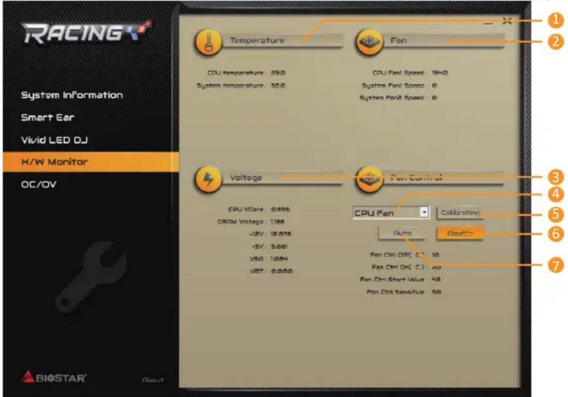 RACING System Information Smart Ear Vivid LED DJ H/W Monitor OC/OV Temperature CPU temperature: 29.8 System temperature: 32.6 Fan CPU Fan1 Speed: 1948 System Fan1 Speed: 0 System Fan2 Speed: 0 Voltage CPU Fan Control CPU VCare: 0.855 DRAM Voltage: 1.55 +12V: 18.078 -5V: 5.061 VSG: 1.054 VST: 0.008 CPU Fan Calibrating Auto Disable Fan Ctrl Off ( C ) : 10 Fan Ctrl On ( C ) : 20 Fan Ctrl Start Value : 10 Fan Ctrl Sensitive : 50 BIOSTAR® About
