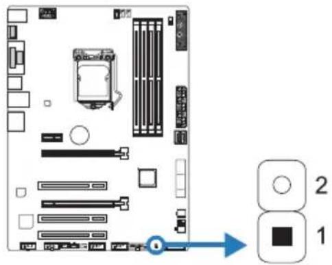Diagram of a computer motherboard with labeled components and directional arrow indicating movement or navigation