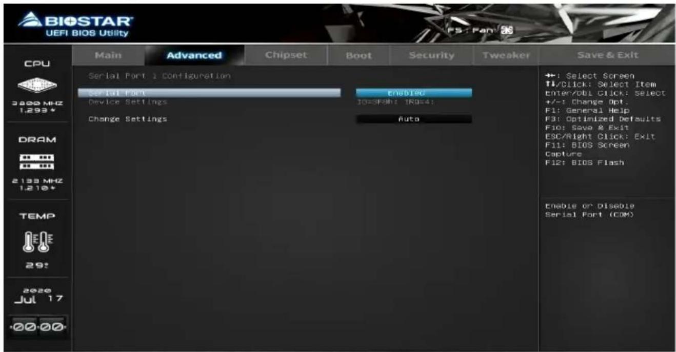 BIOSTAR® UEFI BIOS Utility CPU 3809 MHz 1.293* DRAM 2133 MHz 1.210* TEMP 29: 2020 Jul 17 ·00·00 Main Advanced Chipset Boot Security Tweaker Save & Exit Serial Port 1 Configuration Serial Port Device Settings EnableIO IO=SPAH: IRO=4: Change Settings Auto +: Select Screen T1/Click: Select Item Enter/Obl Click: Select +/-: Change Opt. F1: General Help F3: Optimized Defaults F10: Save & Exit ESC/Right Click: Exit F11: BIOS Screen Capture F12: BIOS Flash Enable or Disable Serial Port (COM)