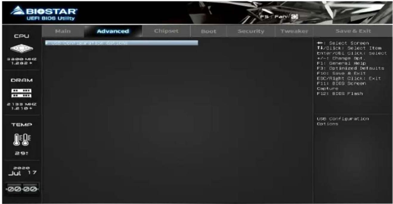 BIOSTAR UEFI BIOS Utility CPU 3000 MHz 1.282* DRAM 2133 MHz 1.210* TEMP 29: 2020 Jul 17 ·00·00 Main Advanced Chipset Boot Security Tweaker Save & Exit +/-: Select Screen TL/Click: Select Item Enter/DBI Click: Select +/-: Change Opt. F1: General Help F3: Optimized Defaults F10: Save & Exit ESC/Right Click: Exit F11: BIOS Screen Capture F12: BIOS Flash USB Configuration Options