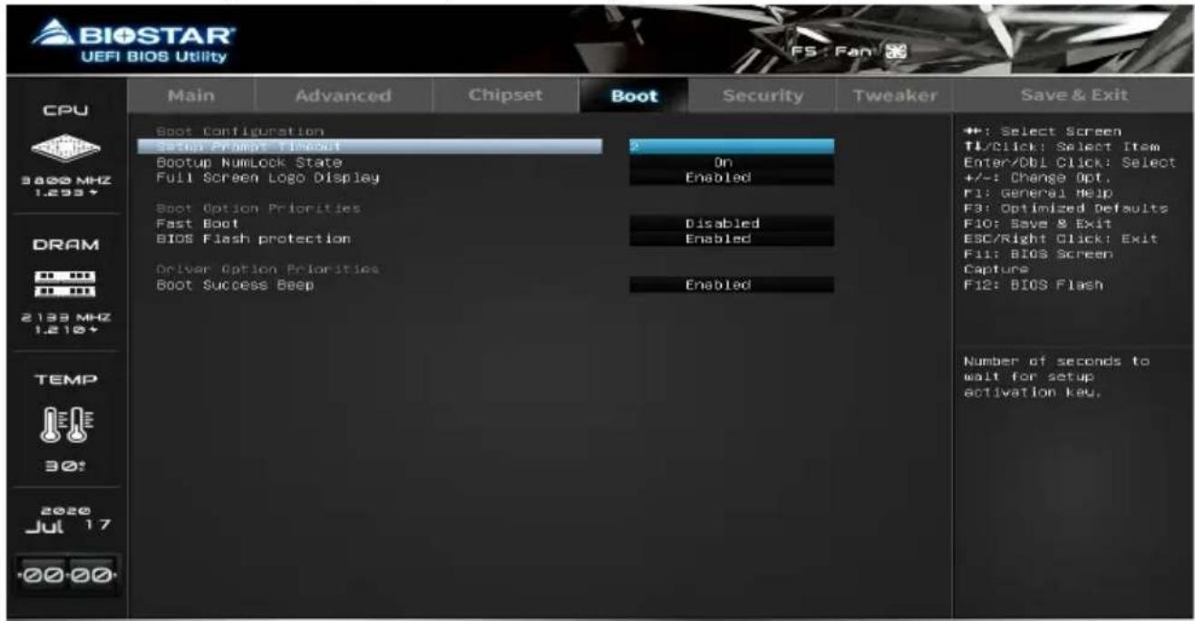 BIOSTAR UEFI BIOS Utility CPU 3800 MHz 1.293+ DRAM 2133 MHz 1.216+ TEMP 30: 2020 Jul 17 +00 00 Boot Configuration Setup Prompt Timeout Bootup NumLock State Full Screen Logo Display Boot Option Priorities Fast Boot BIOS Flash protection Driver Option Priorities Boot Success Beep On Enabled Disabled Enabled Enabled Number of seconds to wait for setup activation key. ++: Select Screen TL/Click: Select Item Enter/DbJ Click: Select +/-: Change Opt. F1: General Help F3: Optimized Defaults F10: Save & Exit ESC/Right Click: Exit F11: BIOS Screen Capture F12: BIOS Flash Save & Exit