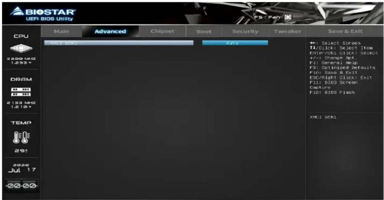 BIOSTAR UEFI BIOS Utility CPU 3800 MHz 1.293* DRAM 2133 MHz 1.210* TEMP 29! 2020 Jul 17 ·00·00 Main Advanced Chipset Boot Security Tweaker Save & Exit *MC1 GEN1 Auto +/-: Select Screen T1/Click: Select Item Enter/DBI Click: Select +/-: Change Opt. F1: General Help F3: Optimized Defaults F10: Save & Exit ESC/Right Click: Exit F11: BIOS Screen Capture F12: BIOS Flash XCMI GEN1